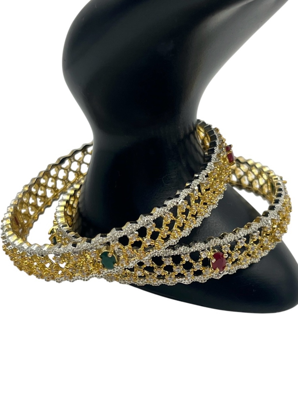 Gold tone lattice pattern clear red & green CZ set of 2 bangle bracelets